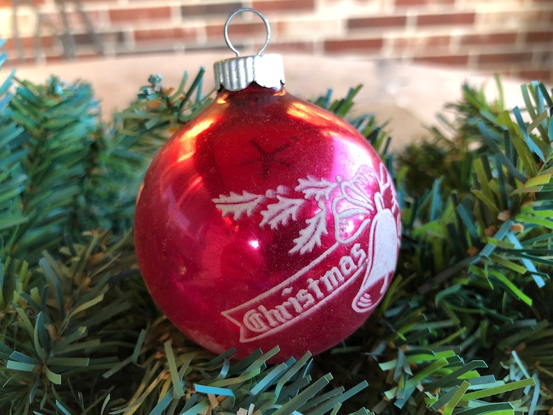 Vintage 2 14 Shiny Brite Stenciled 50/'s Dark Pink Christmas Greetings Ribbon Banner with Bell Mercury Glass Christmas Ornament