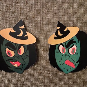 Sizes Up To 11" Choice of Vintage Style Witch with Green Face and Moon Hat Halloween Hand Cut Cardstock Decoration, Framing, Cupcake Toppers