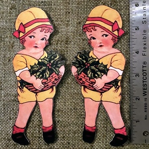 Sizes Up To 17" Vintage Style Repro Girl Carrying Christmas Holly Basket Hand Cut Cardstock Decoration, Framing Etc, Cupcake Toppers