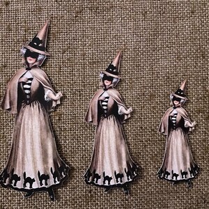 Sizes Up To 17" Vintage 1900s Style Girl Witch in Dress with Black Cats Halloween Hand Cut Cardstock Decoration, Framing, Cupcake Toppers