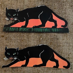 Sizes Up To 17" Vintage Style Art Deco Black Lurking Prowling Cat Panther Halloween Hand Cut Cardstock Decoration, Cupcake Toppers Available