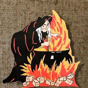 Sizes Up To 11" Vintage Style 1900s Era Witch Stirring Flaming Cauldron Halloween Hand Cut Cardstock Decoration ,Framing, Cupcake Toppers
