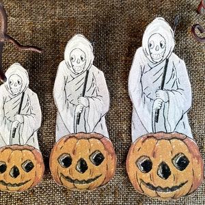 Now Sizes Up To 17" Vintage Style Grim Reaper Ghost Skeleton with JOL Halloween Hand Cut Cardstock Decoration,Framing, Cupcake Toppers Too
