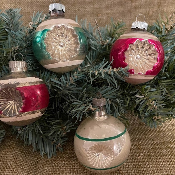 Choose Vintage Hand Painted Shiny Brite Pink or Green Striped Double Indent on Silver Mercury Glass Christmas Ornament, 1 3/4" or 2" Across