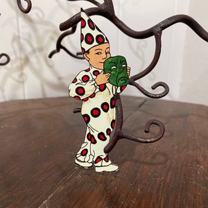 Sizes Up To 17" Vintage Style Boy in Jammies and Green Monster Trick or Treat Mask Halloween Hand Cut Cardstock Decoration, Cupcake Toppers