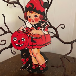 Sizes Up To 17" Vintage 1900s Style Girl Holds Witch Doll, Pumpkin Halloween Hand Cut Cardstock Decoration, Cupcake Toppers Available
