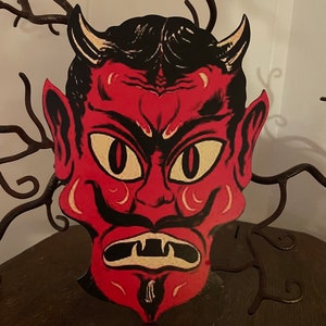 Sizes Up To 15" Vintage Style Red Black Devil with Fangs and Mustache Halloween Hand Cut Cardstock Decoration, Cupcake Toppers Available