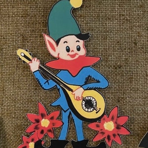 Sizes Up To 15&quot; Vintage Style Christmas Pixie Elf Plays Mandolin Hand Cut Cardstock Christmas Party Decoration,Framing Etc, Cupcake Toppers