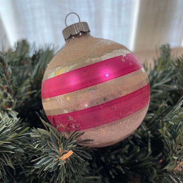 Vintage 2 1/2"  Shiny Brite Hand Painted Mica Glittered Stripes on Silver  Mercury Glass Christmas Ornament, Dark Pink and White