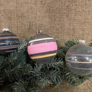 Choose Vintage Shiny Brite 2 1/4&quot; or 2 1/2&quot; UNSILVERED Transparent Blue ,Painted Stripes Glass Christmas Ornament, 1940&#39;s WWII Wartime Era