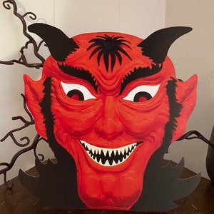 Sizes Up To 10" Vintage Style Art Deco Devil Head Face, Red Eyes Halloween Hand Cut Cardstock Decoration, Framing, Cupcake Toppers Too