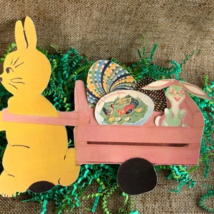 Carrito de conejo de Pascua amarillo estilo vintage, color rosa, huevos, ovejas y conejos incluidos, cartulina cortada para decoración, tamaños surtidos para manualidades y decoración