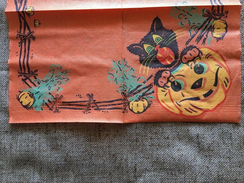 NOS Unused Older Vintage Litho Crepe Paper Halloween Napkin,Black Cat Showing Fangs Sits in JOL Pumpkin, Great for Framing or Repurposing image 4