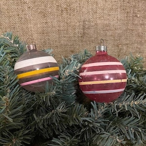 Choose Vintage 2&quot; or 2 1/4&quot; UNSILVERED Transparent Colored with Hand Painted Stripes Glass Christmas Ornaments, 1940&#39;s WWII Wartime Era