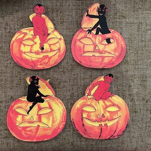 Sizes Up To 12" Vintage Style Art Deco Black and Red Devil Pumpkin Halloween Hand Cut Cardstock Decoration,Framing, Cupcake Toppers Too