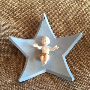 Vintage Italia italiano moderno estrella de plástico azul, 3D bebé Jesús natividad adorno de Navidad, decoración