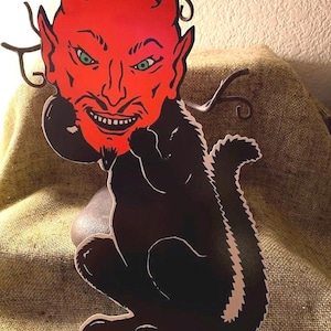 NOS Vintage Style Authentic Beistle 2 Sided Cutout  Black Cat with Devil Head Halloween Die Cut Cardboard Party Decoration, Frameable Too!