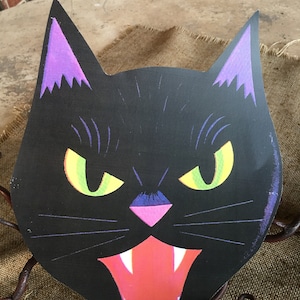 Sizes Up To 13" Vintage Style Black Cat Face,Purple Ears, Halloween Hand Cut Cardstock Decoration, Crafting,Framing Etc, Cupcake Toppers Too