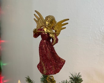 Vintage MCM Mini Feather Tree Topper, Vintage Gold Plastic Angel Playing the Violin, Red Glittered Gown, 4 3/4” Tall