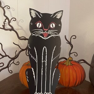 Sizes Up To 16" Vintage Style Black Sitting Cat with Pink Mouth Halloween Hand Cut Cardstock Decoration, Cupcake Toppers Available Too