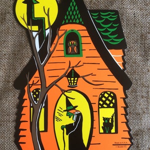 NOS Vintage Style Beistle 2 Sided Cutout Witch In Front Of Haunted House Halloween Die Cut Cardboard Decoration