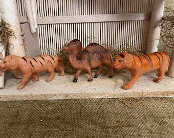 Choice of 3 Antique Vintage Very Old  Celluloid Wild Animals,Camel and 2 Striped Tigers,Nativity Zoo Figures,Toys Made in Japan, Look Unused