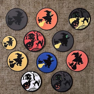 Sizes Up To 10"  Choice 6 Colors Vintage Style Witch on Broom Silhouette Scene,Halloween Hand Cut Cardstock Decoration, Cupcake Toppers