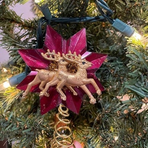 Antique Vintage 1940&#39;s Celluloid Plastic Gold Reindeer on Red Tin Star Feather Christmas Tree Topper, Mini 3&quot;