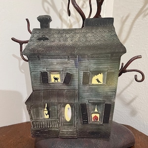 Sizes Up To 13&quot; Vintage Style Gray 2 Story Haunted Houses Glowing Windows Halloween Hand Cut Cardstock Decoration,Invitation,Cupcake Toppers