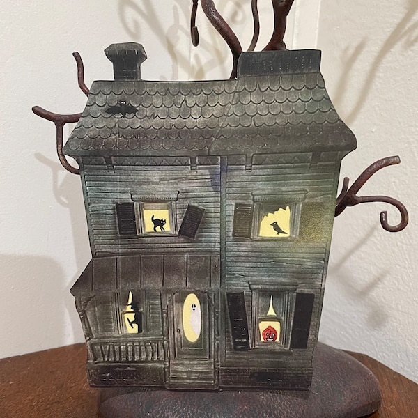 Sizes Up To 13" Vintage Style Gray 2 Story Haunted Houses Glowing Windows Halloween Hand Cut Cardstock Decoration,Invitation,Cupcake Toppers