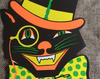 NOS Vintage Style Beistle 2 Sided Cutout Cat in Top Hat With Monocle and Polka Dot Bowtie Halloween Die Cut Cardboard Decoration