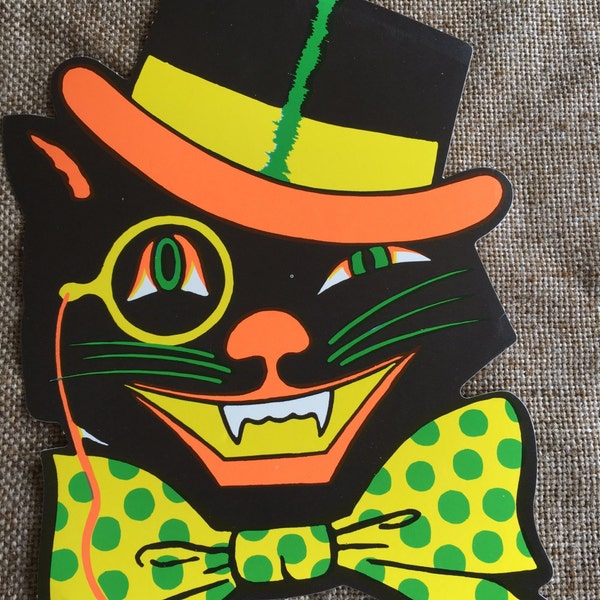 NOS Vintage Style Beistle 2 Sided Cutout Cat in Top Hat With Monocle and Polka Dot Bowtie Halloween Die Cut Cardboard Decoration