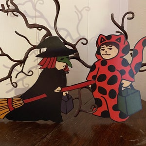 NOUVEAU ! Choix de sorcière des bonbons ou un sort de style vintage, garçon en costumes de chat tigre, décoration d'Halloween en papier cartonné découpé à la main, tailles 2 1/2" à Lg 10"