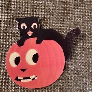Sizes Up To 12" Vintage Style Black Cat Sitting on JOL Pumpkin,Halloween Hand Cut Cardstock Decoration,Framing,Cupcake Toppers Available