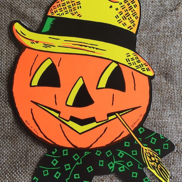 NOS Vintage Style Beistle 2 Sided Cutout Halloween JOL Pumpkin in Straw Hat and Bandana Halloween Die Cut Cardboard Decoration