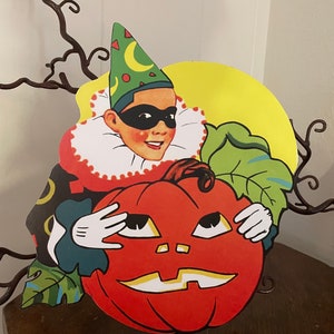 Sizes Up To 12" Vintage Style Art Deco Boy Clown in Mask Holds Pumpkin Halloween Hand Cut Cardstock Decoration, Framing Etc, Cupcake Toppers