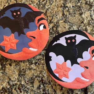 Sizes Up To 10" Choice of Vintage Style Repro Black Bat on Man in Moon,Halloween Hand Cut Cardstock Decoration,Framing,Etc, Cupcake Toppers