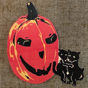 Sizes Up To 14" Vintage Style 2 Hugging Cats Sitting Next To JOL Pumpkin, Halloween Hand Cut Cardstock Decoration,Framing, Cupcake Toppers