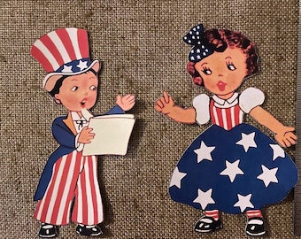 Sizes Up To 17&quot; Vintage Style Boy Uncle Sam with Speech or Girl Americana July 4 USA Patriotic,Hand Cut Cardstock Decoration,Cupcake Toppers