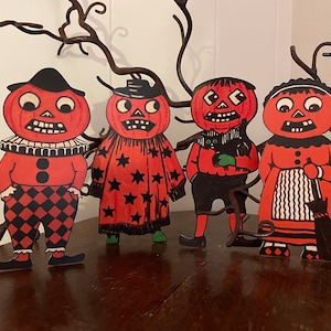 Tailles jusqu'à 16" style vintage citrouille garçon et chat, homme magicien, clown ou femme Halloween décoration en papier cartonné découpé à la main, décorations de cupcakes