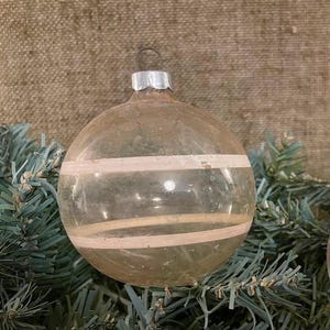 Choose Vintage  2 1/2&quot; UNSILVERED Transparent Lt Yellow Hand Painted Stripes Glass Christmas Ornament,1940&#39;s WWII Wartime Era