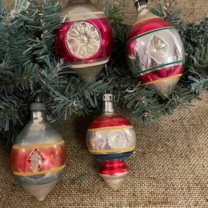 Choose Vintage Hand Painted Shiny Brite Teardrop Multi Color Striped Double Indent Mercury Glass Christmas Ornament, 3&quot; to 3 3 1/2&quot; Tall