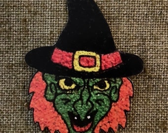 Sizes Up To 14" Vintage Style Witch Green Face and Orange Hair Halloween Hand Cut Cardstock Decoration, Cupcake Toppers Available