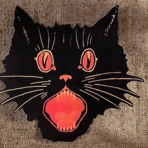 Sizes Up To 10" Vintage Style Black Cat Face, Red Eyes and Long Whiskers Halloween Hand Cut Cardstock Decoration, Cupcake Toppers Available