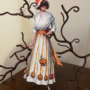 Sizes Up To 17" Vintage 1900s Style Girl Witch in Dress with Pumpkins Halloween Hand Cut Cardstock Decoration, Cupcake Toppers Too
