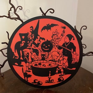Tamaños de hasta 10 "estilo vintage fiesta de disfraces Apple Bobbing silueta escena Halloween corte a mano cartulina decoración, marco, cupcake topper