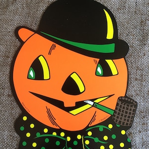 NOS Estilo Vintage Beistle 2 Recorte Lateral Halloween JOL Sombrero de Bombín de Calabaza, Pajarita de Lunares, Decoración de Cartón Troquelado de Halloween