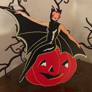 Sizes Up To 11" Vintage Style Art Deco Bat Woman Witch Sits on Pumpkin Halloween Hand Cut Cardstock Decoration, Invitation, Cupcake Toppers