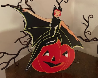 Sizes Up To 11&quot; Vintage Style Art Deco Bat Woman Witch Sits on Pumpkin Halloween Hand Cut Cardstock Decoration, Invitation, Cupcake Toppers