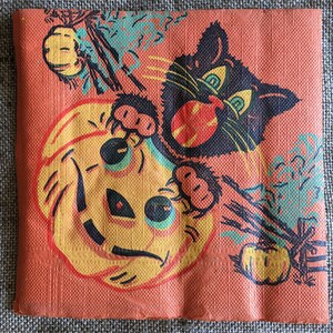 NOS Unused Older Vintage Litho Crepe Paper Halloween Napkin,Black Cat Showing Fangs Sits in JOL Pumpkin, Great for Framing or Repurposing image 2